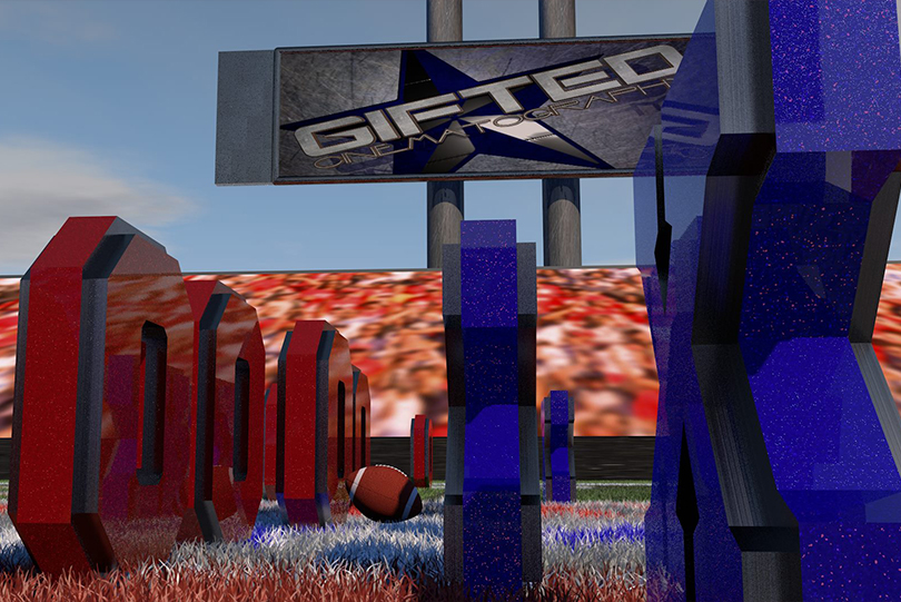 Gifted Cinematography sign in a colorful three-dimensional sports scene.